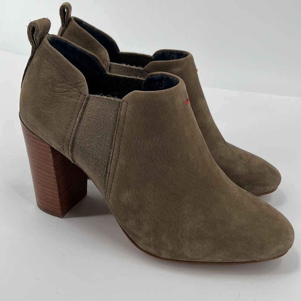 ED Love Mahoney Stacked Wood Heel Suede Ankle Boots Booties Taupe Tan